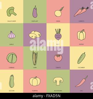 Icone di verdure piatto set di linea Illustrazione Vettoriale