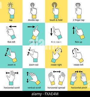Interfaccia Touch gesti linea piatta Illustrazione Vettoriale
