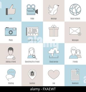 Icone sociale linea piatta impostato Illustrazione Vettoriale