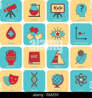 Aree di scienza icone linea piatta Illustrazione Vettoriale