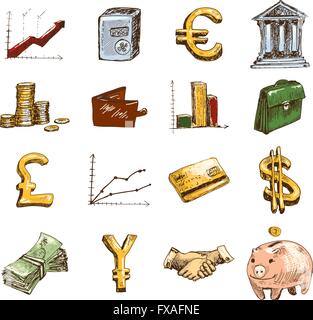 Finanza set di icone colorate sketch Illustrazione Vettoriale