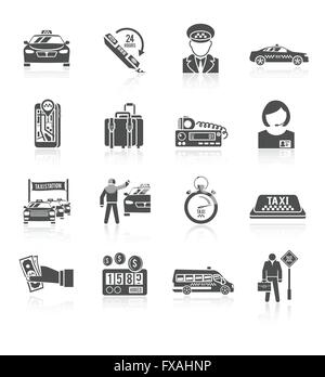 Taxi icone set nero Illustrazione Vettoriale