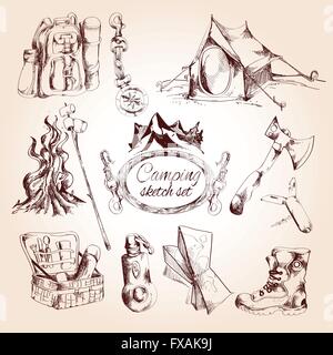 Camping schizzo impostato Illustrazione Vettoriale