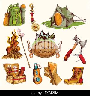 Camping sketch colorato set Illustrazione Vettoriale