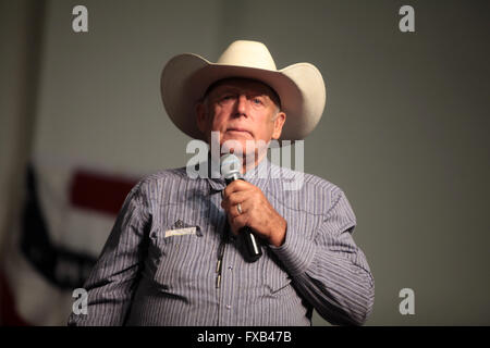 American bovini rancher e anti-governo Cliven attivista Bundy parla durante un forum ospitato dall'Accademia Americana per l'istruzione costituzionale presso il Burke scuola di base Luglio 22, 2014 in Mesa, Arizona. Foto Stock