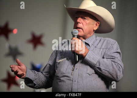 American bovini rancher e anti-governo Cliven attivista Bundy parla durante un forum ospitato dall'Accademia Americana per l'istruzione costituzionale presso il Burke scuola di base Luglio 22, 2014 in Mesa, Arizona. Foto Stock