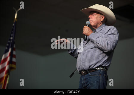 American bovini rancher e anti-governo Cliven attivista Bundy parla durante un forum ospitato dall'Accademia Americana per l'istruzione costituzionale presso il Burke scuola di base Luglio 22, 2014 in Mesa, Arizona. Foto Stock