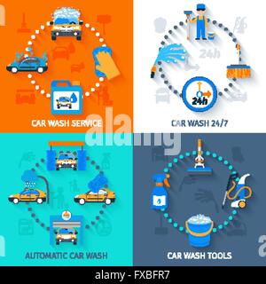 Servizio di lavaggio auto 4 icone flat Illustrazione Vettoriale