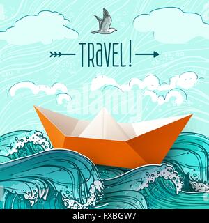 Nave di carta sulle onde Illustrazione Vettoriale