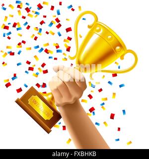Mano che tiene un trofeo vincitore premio coppa Illustrazione Vettoriale