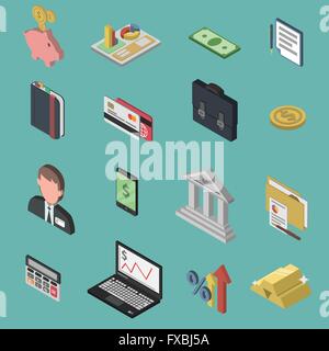 Banca Icona isometrico impostato Illustrazione Vettoriale