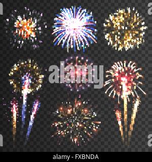 Fuochi d' artificio pittogrammi sfondo nero impostato Illustrazione Vettoriale