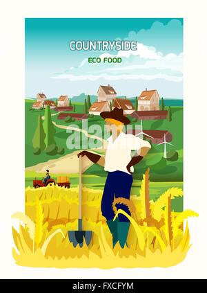 Agricoltore In campagna poster di sfondo Illustrazione Vettoriale