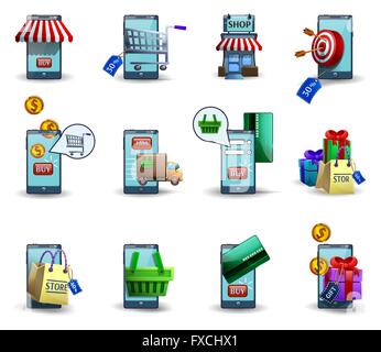 Mobile Commerce m-commerce 3d set di icone Illustrazione Vettoriale