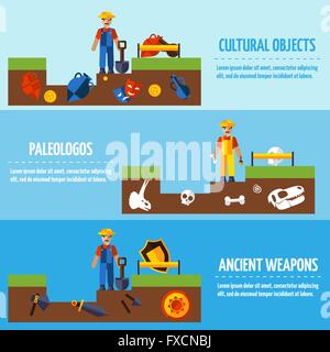 Schermo piatto a colori e archeologia Set banner Illustrazione Vettoriale