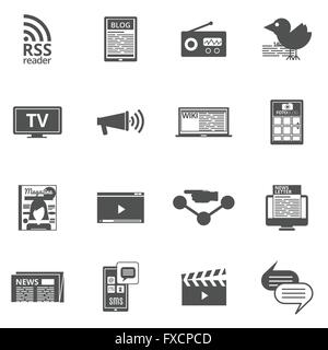 Mass media nero set di icone Illustrazione Vettoriale