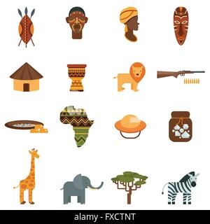 Mondo africano piatto set di icone Illustrazione Vettoriale
