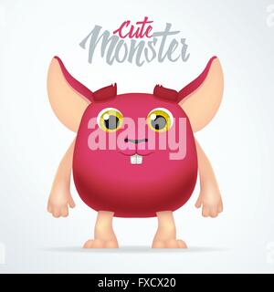 Carino mostro magenta coniglio con grandi orecchie. Divertimento spooky fat carattere isolato su sfondo chiaro. Silly cartoon alien mouse Illustrazione Vettoriale