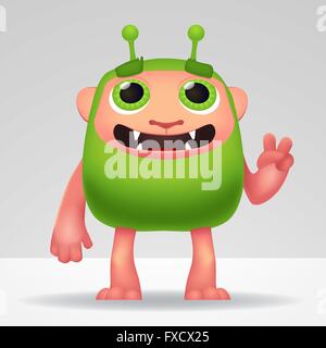 Carino il verde invasore alieno con stupido sorriso e divertente le orecchie. Carattere soffice isolato su sfondo chiaro per i tuoi bambini design. Illustrazione Vettoriale