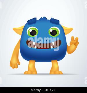 Funny blu e giallo cartoon alien monster creatura carattere con il gesto di vittoria. Divertimento soffice coniglio mutante isolata su sfondo chiaro. Illustrazione Vettoriale