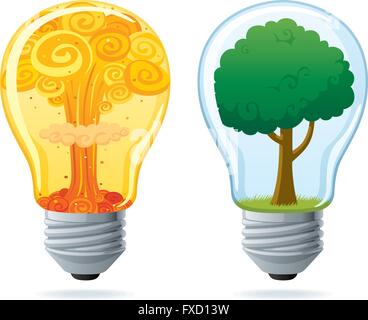 Illustrazione concettuale di 2 lampadine, powered by nucleare e da energia pulita. Illustrazione Vettoriale