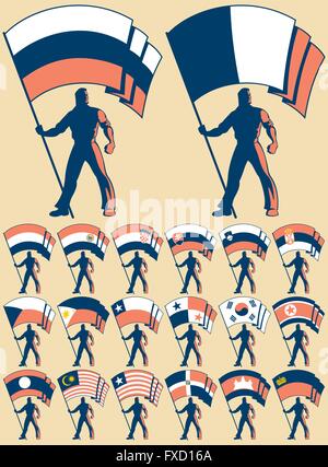 Alfiere in 20 versioni che differiscono per la bandiera. Bandiere di Russia, Francia, Serbia, Repubblica Ceca, Slovacchia, Slovenia, Croazia, Illustrazione Vettoriale