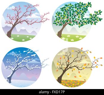 Cartoon illustrazione di un albero durante le quattro stagioni. Illustrazione Vettoriale