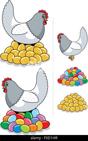 Hen recante alcune uova - golden o dipinte per la Pasqua. Illustrazione Vettoriale