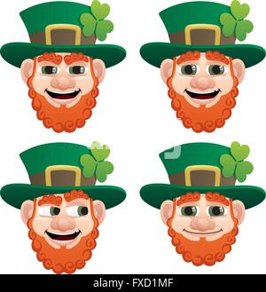 Testa Leprechaun in 4 diverse espressioni faccia. Illustrazione Vettoriale