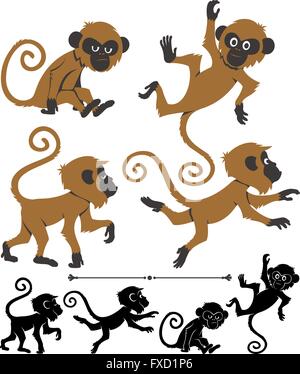 Cartoon monkey in 4 diverse pose. Di seguito sono riportate le versioni di silhouette della stessa pone. Illustrazione Vettoriale