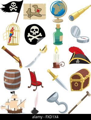 Collezione di 20 cartoon accessori pirata. Illustrazione Vettoriale