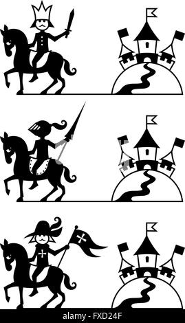 Immagine stilizzata del principe, cavaliere e musketeer e loro castello. È possibile utilizzarli come logo o come decorazione. È anche possibile ingrandire Illustrazione Vettoriale