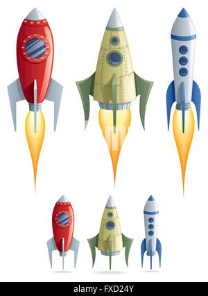 Set di 3 cartoon di razzi in 2 versioni. Illustrazione Vettoriale
