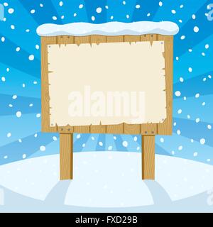 Cartoon cartello in legno nella neve. Illustrazione Vettoriale