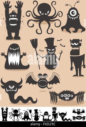 Set di 9 cartoon mostri. Illustrazione Vettoriale