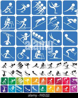 Set di 20 pittogrammi della Olympic Sport invernali, in 3 versioni. Nessuna trasparenza e gradienti utilizzati. Illustrazione Vettoriale