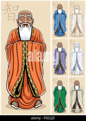 Illustrazione Vettoriale di Asian uomo saggio in 7 versioni di colore. Illustrazione Vettoriale