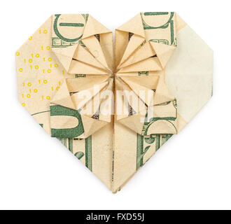 Dieci dollari origami cuore e stella isolato su sfondo bianco. Immagine di stock. Foto Stock