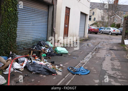 La spazzatura e spazzatura a sinistra in Cardiff back street, autorità locali non hanno le risorse per eliminare. Il 14 aprile 2016 Foto Stock