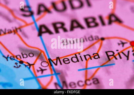 Medina, città in Arabia Saudita in Medio Oriente sulla mappa del mondo Foto Stock