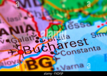 Bucarest, la capitale della Romania, sulla mappa del mondo Foto Stock