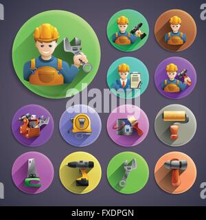 Costruzione di rimodellamento isometrica rotonda raccolta di icone Illustrazione Vettoriale