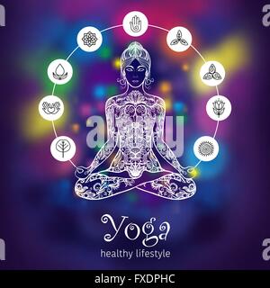 Lo Yoga lotus meditando donna banner a colori Illustrazione Vettoriale