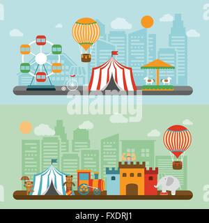 Circus in city flat banner impostato Illustrazione Vettoriale