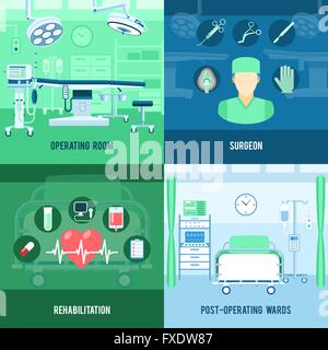 La chirurgia 4 quadrato piatto banner icone Illustrazione Vettoriale