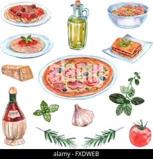 Il cibo italiano insieme ad acquerello Illustrazione Vettoriale