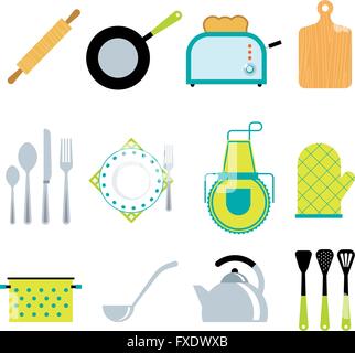 Utensili per la cucina accessori piatto set di icone Illustrazione Vettoriale