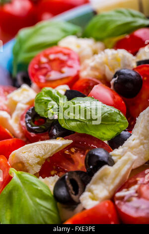 Caprese. Insalata caprese. Insalata di italiano. Insalata mediterranea. Cucina Italiana. Cucina mediterranea. Pomodoro e mozzarella leav basilico Foto Stock