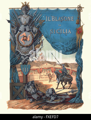 Frontespizio per il blasone in Sicilia che mostra un cavaliere montato con lancia nel torneo medievale. Un araldo lo introduce alla c Foto Stock