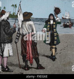 Daniel Defoe (1660-1731). Romanziere inglese. Robinson Crusoe. Incisione del XIX secolo. Colore. Foto Stock